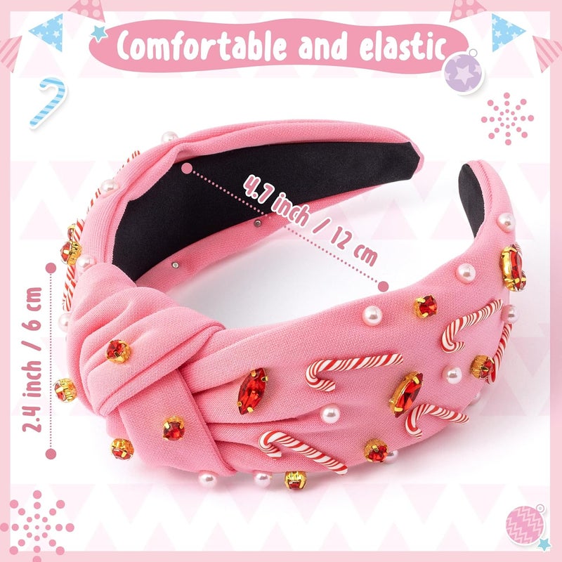 PANTIDE Christmas Jeweled Knotted Headband - Xmas Candy Cane Rhinestone Crystal Pearl Embellished Headband None Slip Wide Top Knot Fashion Hairband Hair Accessories Birthday Gift for Women Girl (Pink) - Image 2
